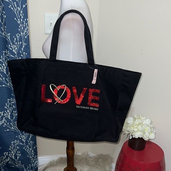 NEW Victoria’s Secret VS Love Tote Weekender Bag Black Canvas Red Sequins Heart - Picture 1 of 7